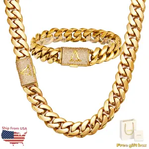 Elegant 14MM Letter Cuban Chain Necklace & Bracelet Set Stainless Steel 18K Gold-Plated Hip Hop Jewelry Gift For Women Men With Free Gift Box