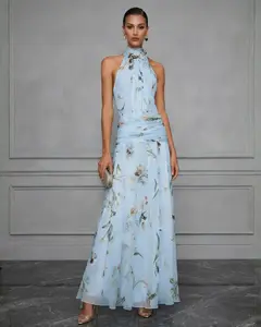 Light Blue Floral Chiffon Maxi Dress Elegant Halter Neck Evening Gown with Ruched Waist and Bow Back for Wedding Guest Prom Vacation