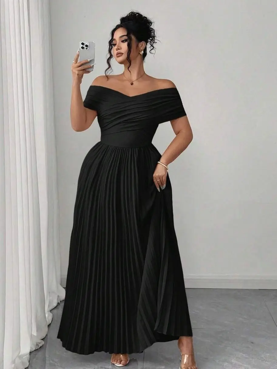 Plus Size Off Shoulder Dress for Women, Elegant Ruched Waist Bandeau Midi Dress, Formal Evening Graduation Birthday Party Cocktail Outfit