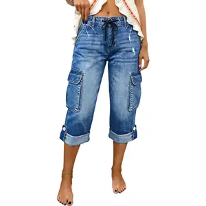 Flamingals Flap Pocket Roll Hem Drawstring Mid Rise Straight Leg Capri Cargo Jeans Stretchy 20.1'' Inseam