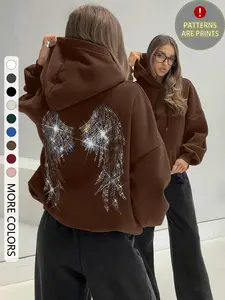Women's Casual Loose-Fit Hoodie, Wing Print Design, Thick Fabric, All-Season Wear, Perfect for Home & Daily, Homewear