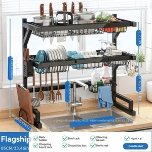 [Wall-Mounted Storage] Adjustable Metal Kitchen Storage Rack with Drip Tray and Utensil Holder - Expandable Sink Storage Rack, Suitable for Utensils, Cups, and Cooking Tools, Space-Saving Countertop Design, Black, Countertop Storage|Functional Kitchen Sto