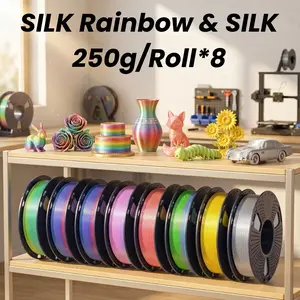 SUNLU 3D Printer Filament Bundle, PLA Silk Rainbow Filament Multicolor, Fast Color Change Each 8 Meters, Individually Vacuum Packed, 250g Spool, 8 Rolls, 2kg Total, 6 Silk Rainbow+Light Gold+Silver