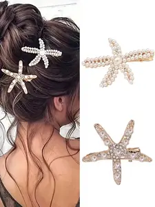Vintage Faux Pearl Decor Starfish Shaped Hair Clip Set, Versatile Stylish Hair Bun Maker Accessory, Tropical Hair Accessories, Suitable for Women and Girls, Daily Wear Hair Accessories