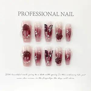 Camellia 3D Butterfly Fake Nails, Hand Painted Coffin Press on Nails, Y2K Elegant Nails Art Artificial Stick-on Nails