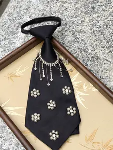 Original Luxury Sweet Cool Style, No Zipper Tie, Rhinestone Fringe Pearl Plum Blossom Necktie, Suit/evening Dress/wedding Accessory