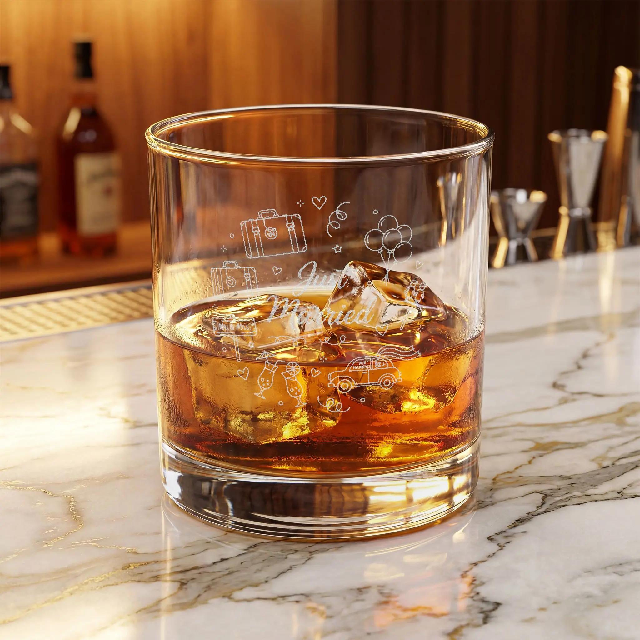 Engraved Just Married Whiskey Rocks Glass - 10.5oz (310ml, 0-500ml range) Low Profile Drinkware, Subtle Engrave, Weighted Base, Wedding Toasts Cocktail/Juice Glass, Hand Wash Recommended, 0-500 Ml, Cocktail Glass