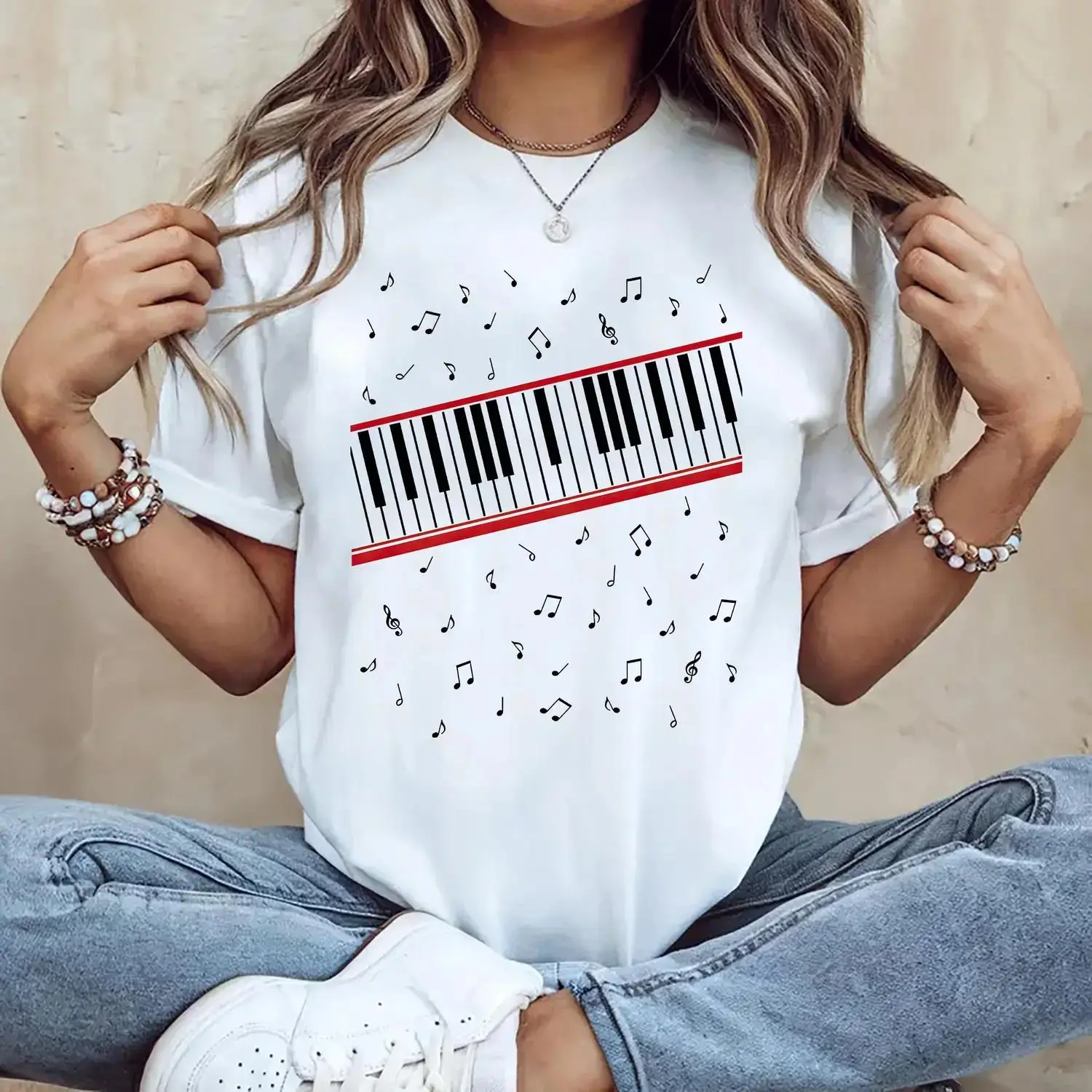 Women's Cotton Short-Sleeve Slim-Fit Graphic Print T-Shirt - Breathable All-Seasons Michael Jackson Fan Tee with Beat It Piano Keys Design, King of Pop Streetwear Top, Shortsleeve