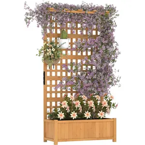 72"H Large Raised Garden Bed with Trellis and Roof, Natural Fir Wood Freestanding Planter Box with Drainage Holes for Climbing Plants Vegetables Flowers on Patio Yard Balcony