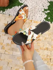 Summer Vacation Floral Slippers, Cross Strap Printed One-Legged Sandals, Soft Sole Outdoor Wear Women's Shoes