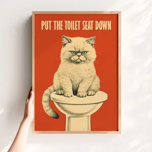 Unframed, Room Decor, Funny Bathroom Print Bathroom Wall Art 50s Style Poster Funny Cat Toilet Art Print Put the Toilet Seat down Cat Print Wc Print Bathroom Rule