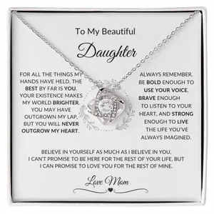 To My Daughter Gold Necklace With Mommy Message, Birthday Anniversary Daughter From Mom, Meaningful Daughter, White Love Knot Necklace Christmas Gifts, Jewelry Gifts, Birthday Gifts