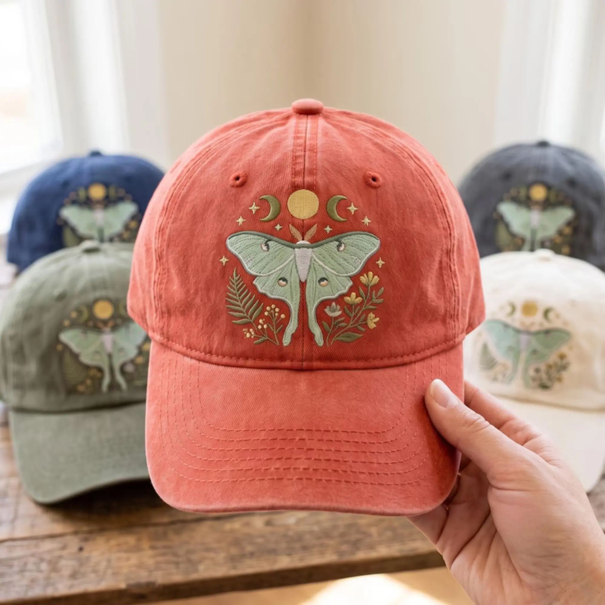 Embroidered Luna Moth Baseball Hat, Celestial Nature Cap, Cute Nature Animal Hat, Outdoor Camping Hat, Forest Lover Gift