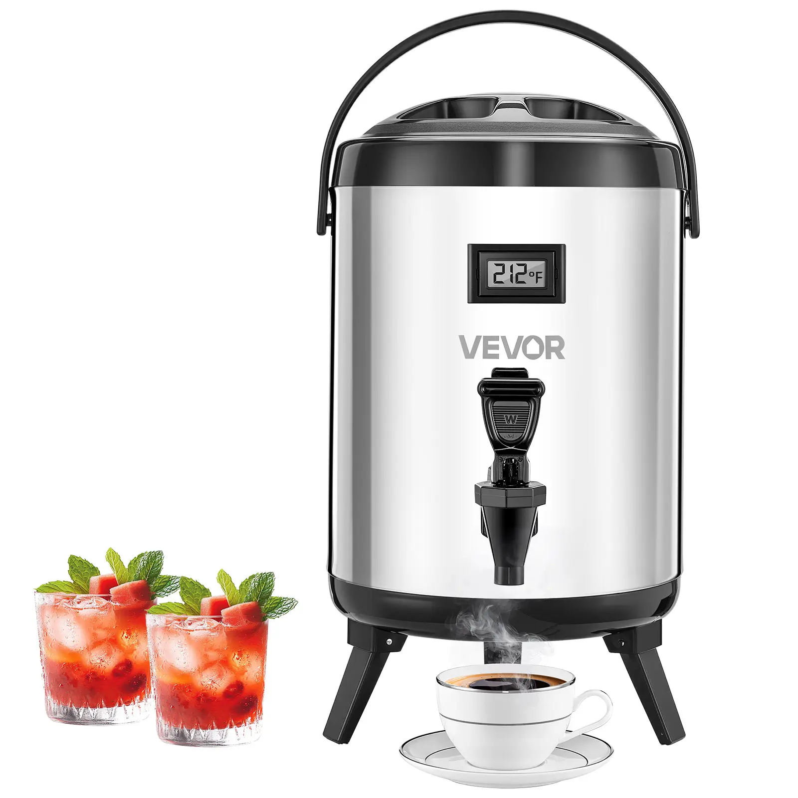 VEVOR 304 Food-Grade Stainless Steel Insulated Beverage Dispenser Container, 1.5 Gal/6L Drinking Dispenser with Spigot & Temp Display, All Seasons Use for Hot/Cold Water, Tea, Coffee in Cafes