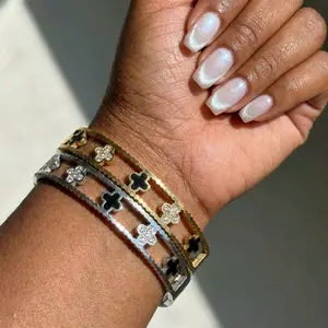 Lucky Bloom Stainless Steel Hinged Bangle Bracelet