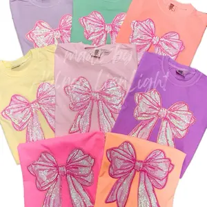Big Pink Sequin Bow Comfort Color Tshirt Womenswear