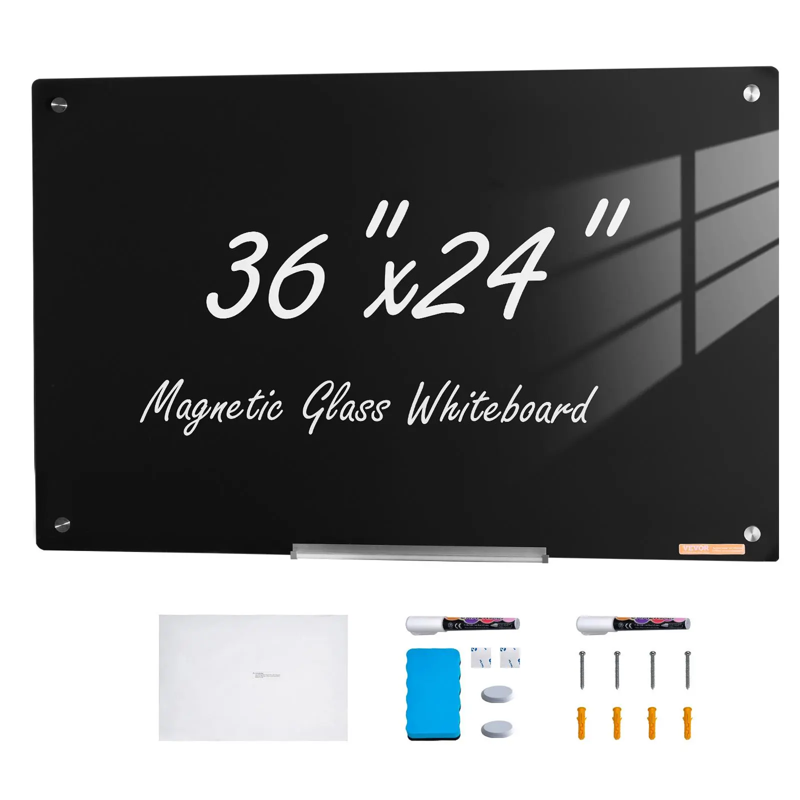 【summerfinds】VEVOR Magnetic Glass Whiteboard, Dry Erase Board 36"x24", Wall-Mounted Large White Glassboard Frameless, with Marker Tray, an Eraser and 2 Markers, Black, Whiteboard Set, Whiteboard Pens