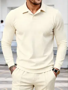 Men's Sportswear Long Sleeve Waffle Fabric No-Button Collar Comfortable Versatile Outdoor Casual Wear Spring Autumn Season Athletic Sports Clothing
