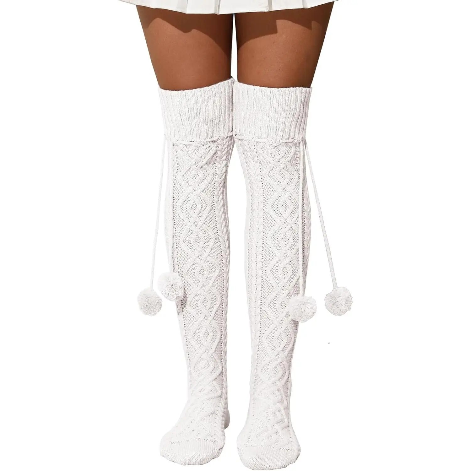 Women's Cable Knit Thigh High Socks, Extra Long Soft Acrylic Fabric Leg Warmers with Adjustable Non-Slip Pom Pom Ties for Winter Fashion, Fits