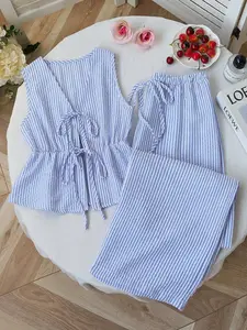 Women's Summer Vest Top + Pants Two-Piece Set, Casual Striped Plain Color, Loose Fit, Versatile Tie Waist Long Pants, Sweet Style