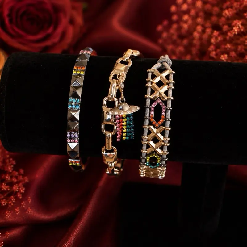 BP Halloween Stack - Under The Luxe Moon (Removable Charm) - Lab Created Stones, Gold and Hematite Plating, Alien Ship, Bracelet Stack, Bracelet Stacking, Celestial Moon Bracelets & Bangles