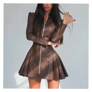 2026 Women's Hot Selling Fashion Slim Fit Long Sleeve Pleated Dress PU Leather Zipper Dress