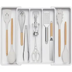 Utensil Organizer for Kitchen Drawers, Expandable Cooking Utensil Tray, Adjustable Cutlery Silverware Flatware Holder, Plastic Spatula Tools Storage Divider, 13-22 x 15", White