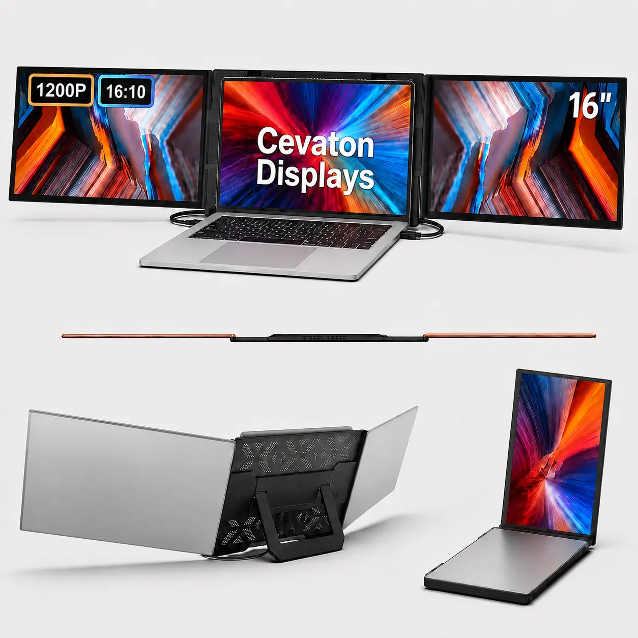 Cevaton S12 16" Triple Screen Laptop Extender, Portable Dual 1920×1200 IPS Monitors, 16:10 Productivity Workstation, 350 Nits High Brightness, USB-C HDMI, Freestanding, Aluminum Back, Power Adapter #TikTokBackToSchool, Highbrightness