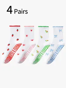Women's Pilates Socks, Professional Sports Silicone Anti-Slip Yoga Socks, Mid-Calf Heart Flower Smiley Cherry Design, Breathable Comfort, Grip Socks, Athletic Socks