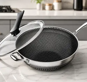 13.3 Inch Stainless Steel Wok with Lid And Spatula Non Stick Stir-fry Pans 2pcs Kitchen Accessories Gadgets Kitchen Must Haves Compatible with All Cooktops Closeout