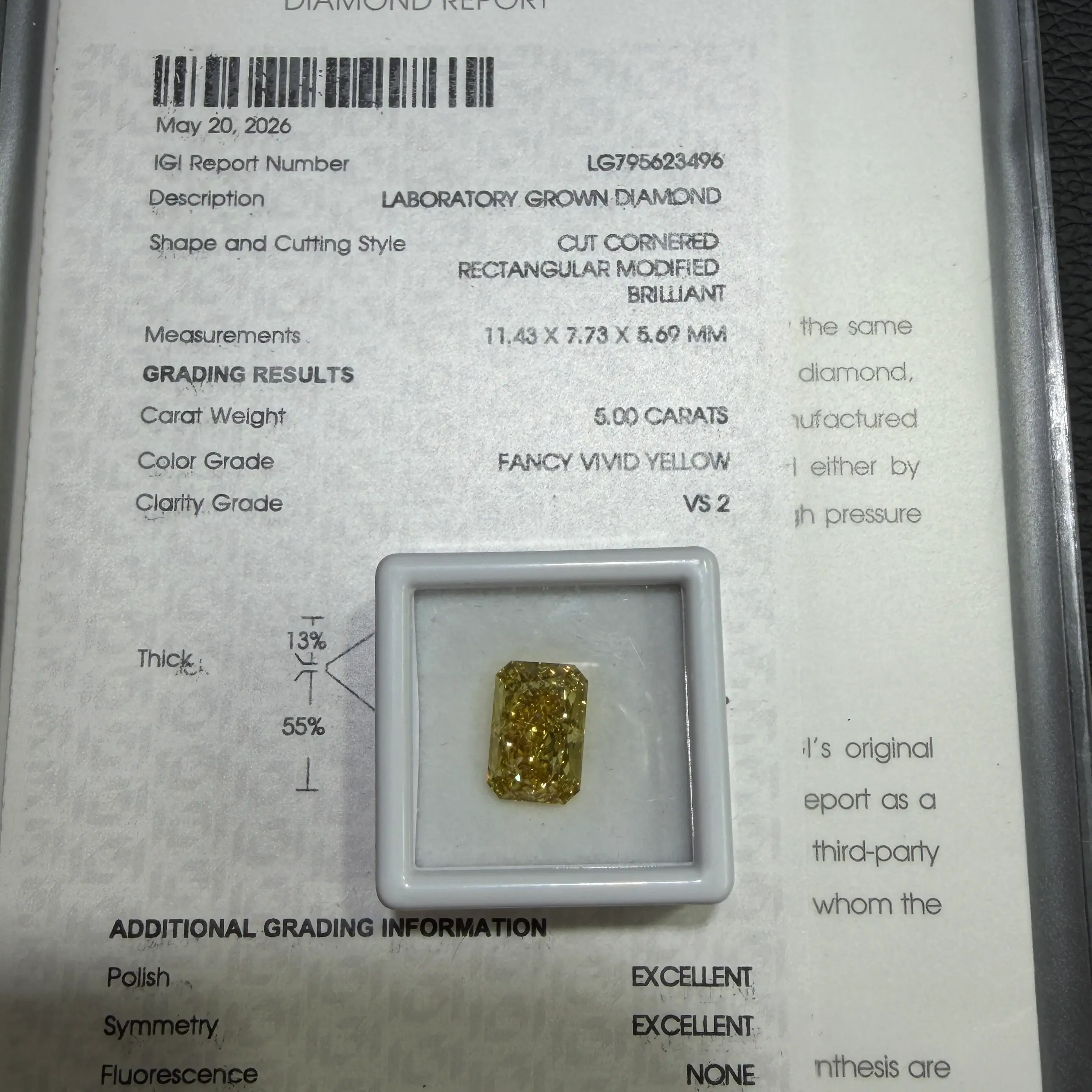 5.00ct Cut Cornered Rectangular Modified Brilliant Lab Grown Diamond (Fancy Vivid Yellow, VS2, IGI Certified)