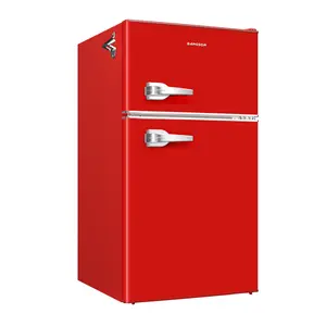 BANGSON Retro Fridge 3.2 Cu.Ft Mini Refrigerator with Double Door & Freezer Adjustable Thermostat Energy-Efficient LED Light Red Household Appliance Gift idea Christmas Gift