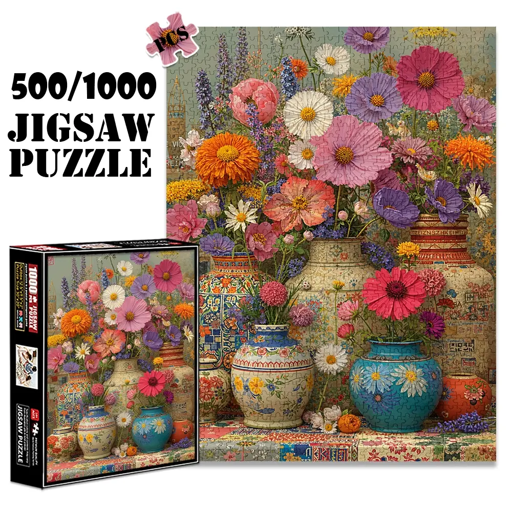 1pc 1000 piece adult puzzle 70x50cm Colorful Flower - filled Decorative Vases 500 pieces paper jigsaw puzzle suitable for DIY creative crafts games for adults and families, birthday and holiday stress reli