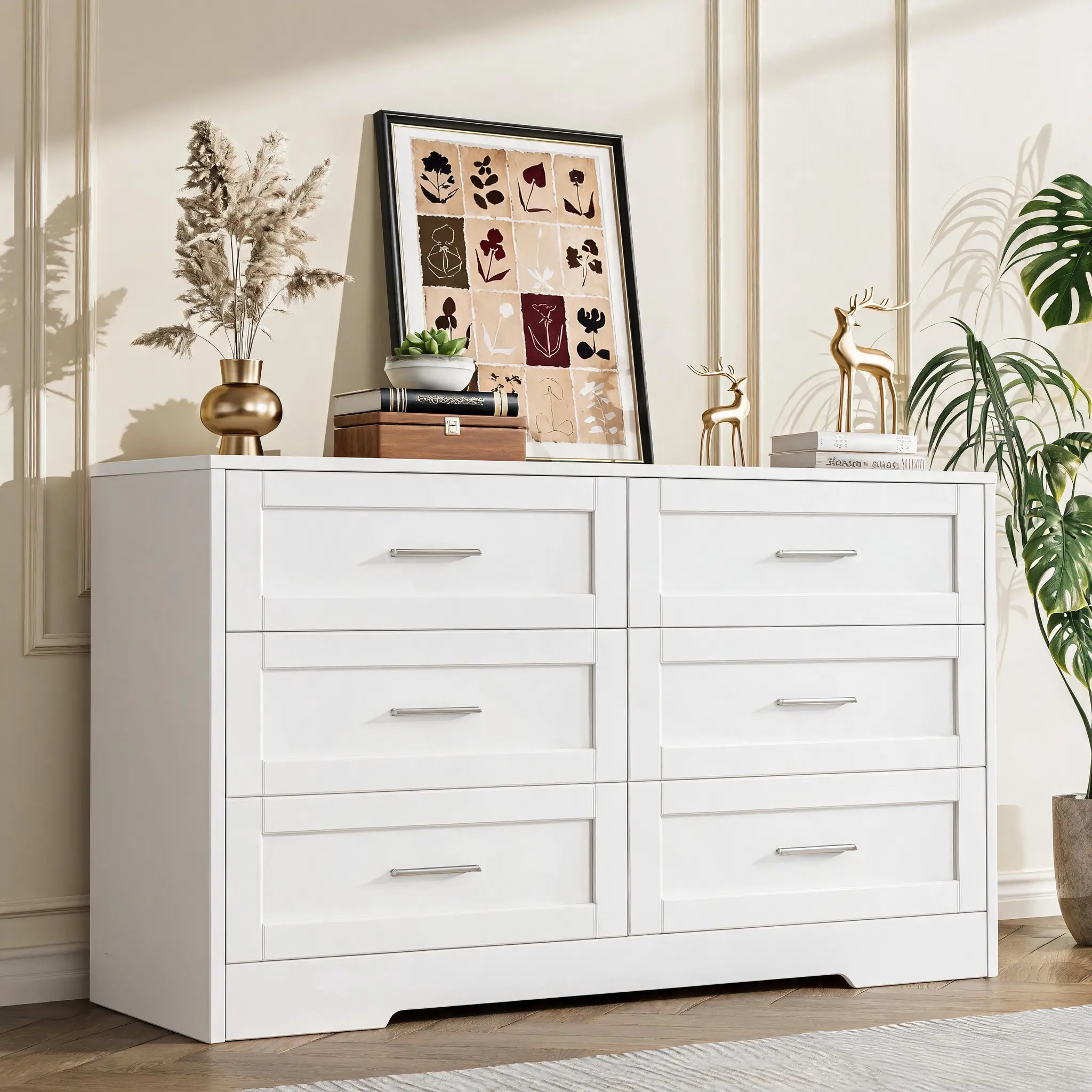 White 6-Drawer Bedroom Dresser - Spacious Draw Storage Cabinet with Curved-and-Angle Metal Handles, Room Storage Solution for Living Room