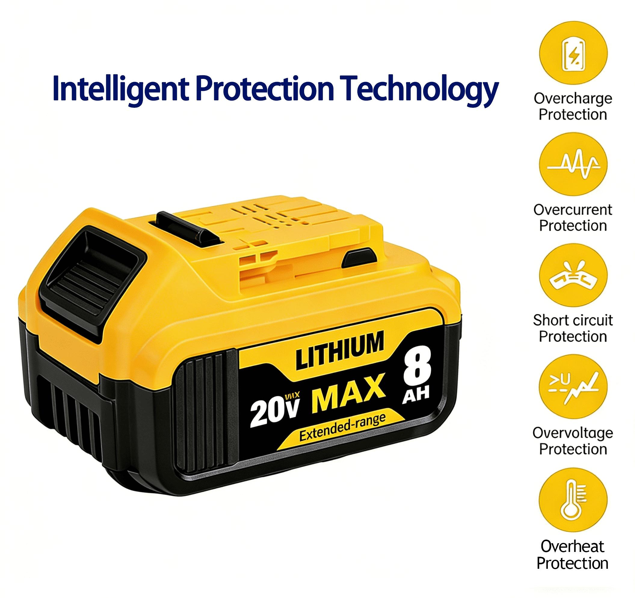 [ Buy One Get Three ] Lithium Battery 20V 8.0Ah Plastic Tube Thread Machine Battery Pack High Capacity Excellent Compatibility Extended Range DCB200 DCD/DCF/DCG/DCS Series Lithium-Ion Replacement Battery High Capacity Cordless Power Tool Battery