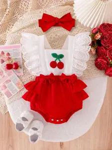 Baby Girl Summer 2-Piece Set, Strawberry Embroidery Ruffle Patchwork Backless Sleeveless Lace Trim Triangle Romper, Tight-Fit with Hairband