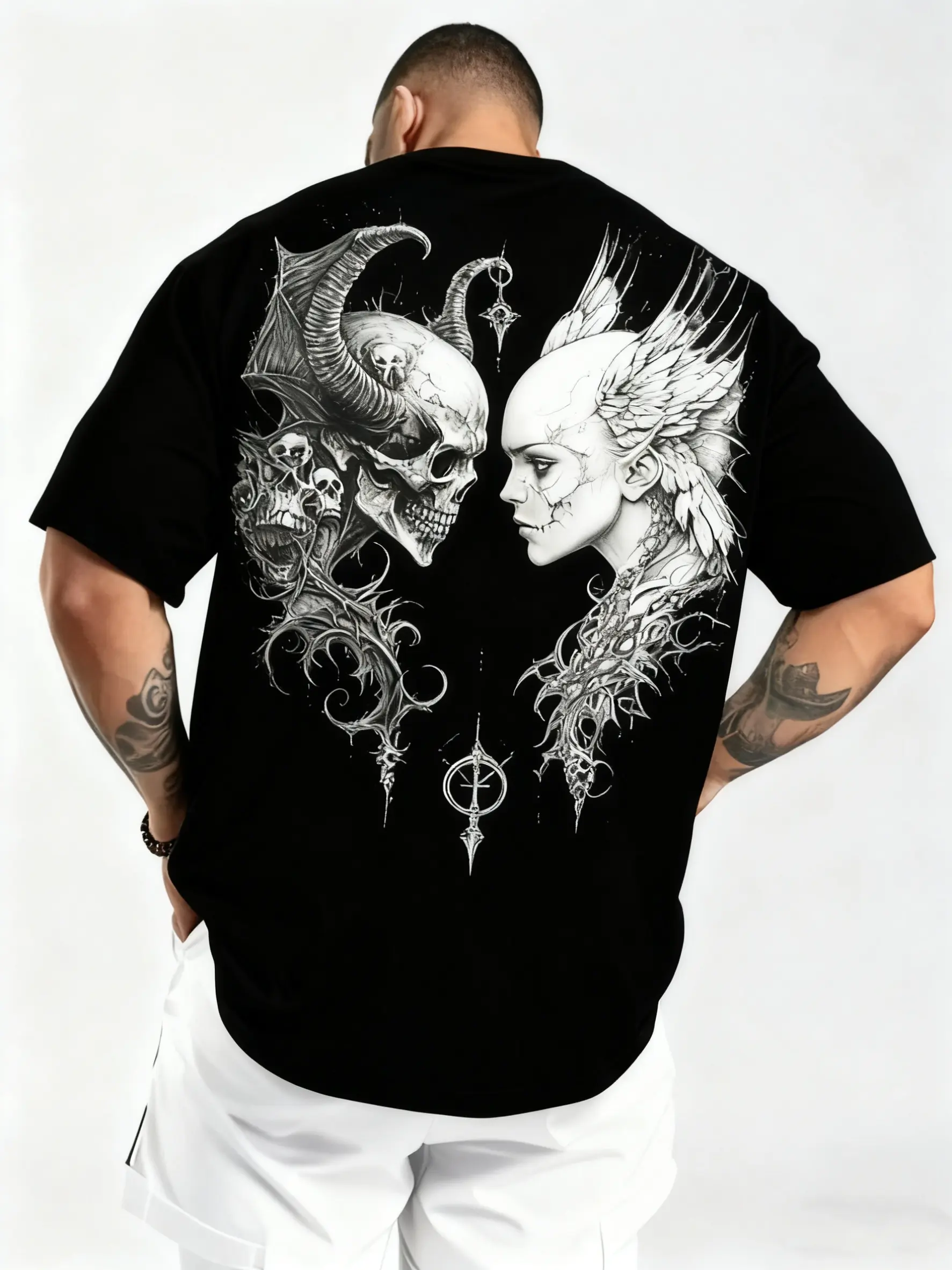Men's 180g Heavy Cotton Skeleton Skull Cartoon Graphic Short-Sleeve Round Neck T-Shirt - Stretch Slim-Fit Streetwear Casual Top for Concerts, Everyday Wear, New Year - All-Season, Skeleton Skull Graphic Men's Short-Sleeve T-Shirts