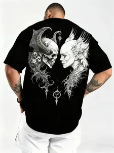 [Gothic Skull Print T-Shirt] Men's heavy 180g Gothic Skull Print T-shirt, stretch slim-fit loose style, suitable for concerts, street fashion, and everyday Wear - a casual top suitable for all seasons Bestie