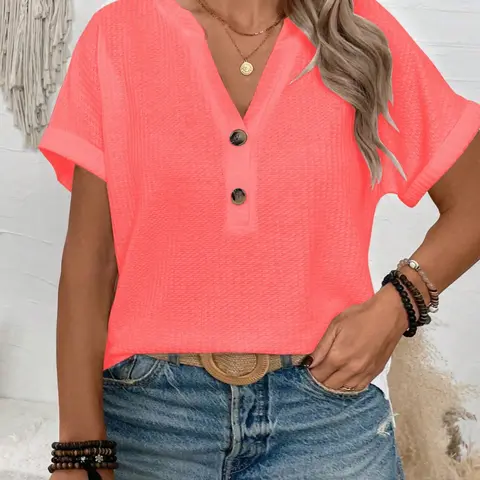 Plus Size Women's Fashion Waffle-Knit Henley T-Shirt, Casual Short-Sleeve Loose-Fit Top, Soft Breathable Fabric, Y2K Clothes, Trendy Summer Wear for Daily Wear, Comfortable Relaxed-Fit T-Shirt, Everyday Tee, Womenswear, Streetwear, Casual Tee Tops