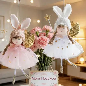 Cute Bunny Ears Girl Figurine with Wings, Lace Dress Angel Wings, Easter Christmas Decorations, Home Room Decoration Gift for Women