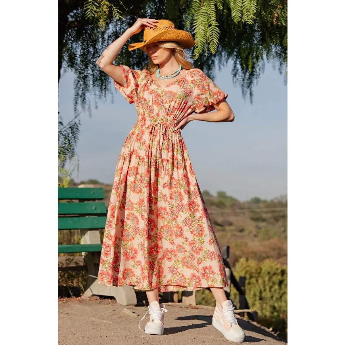 🍑 Easel Printed Peach Blossom Maxi Dress – Fuzzy Peach 🍑