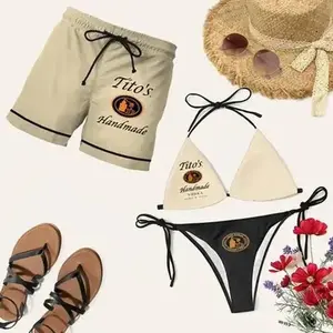 Tito’s Handmade Matching Couples Swimwear Set – Swim Bra & Tie Side Bikini + Men’s Beach Shorts, Hawaiian Style Aloha Summer Vacation Outfit