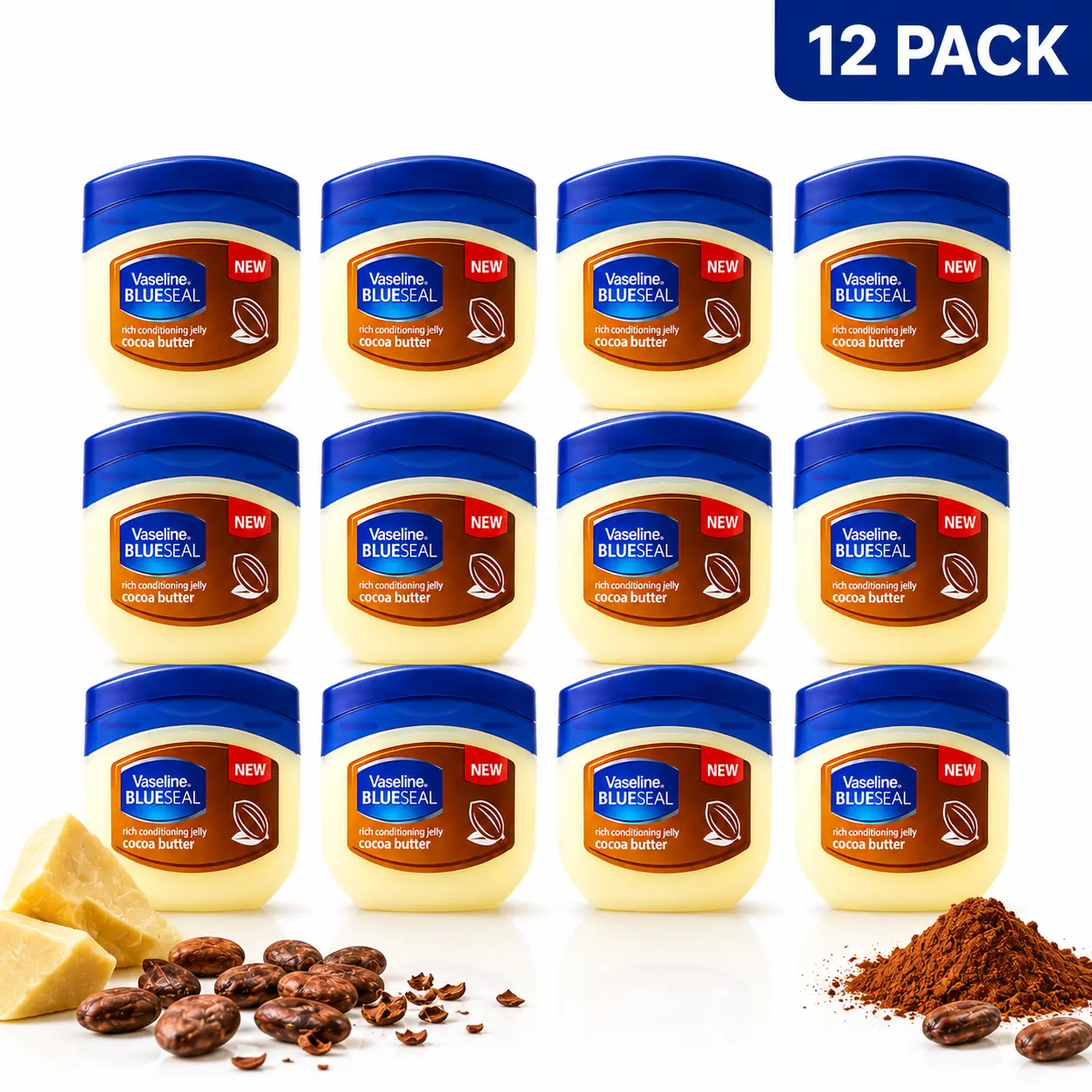 Vaseline Blue Seal Cocoa Butter Petroleum Jelly 12 Pack Bulk (50mL/1.7oz) - Rich Conditioning, Jelly Texture, Occlusives Barrier, Deep Moisture, Gentle Lightweight Body Moisturizer Multipack for All Types, Apply Daily Spot Treatment, Body Care, Hydrating