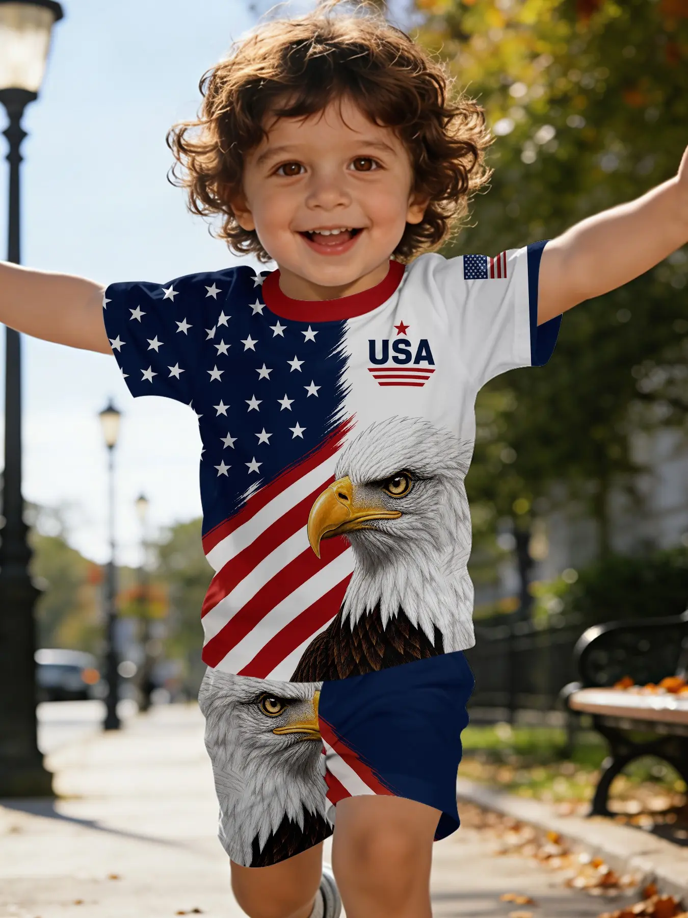 Star-Spangled Eagle Digital Printed Baby Short-Sleeve Set, Clothes Kids, Outfit Sets, Kids' Outfit, T-shirt for Daily Wear and Outdoor Activities, Toddler Summer Outfits, 100% Polyester, Gift for Babies and Young Children