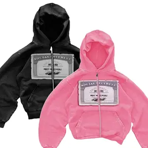 Black & Pink Zip-Up Hoodies with "Social Security" Graphic Print, Streetwear Style, Ideal for Urban Casual Outings & Trendy Fashion Statements