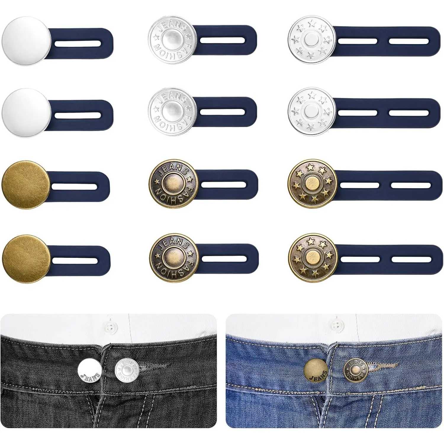 12 count Button Extenders for Jeans, Enough Elastic Pant  Extenders for Women & Men, No Sew Pants Waistband Expanders, Pants  Extension 1.1-1.8 Inches