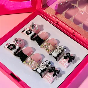 FY025-28-10 Pcs Handmade Duck Nails Y2K Cow Print Press-On｜Star Chains & 3D Crystal｜USA Tiktok Viral Set