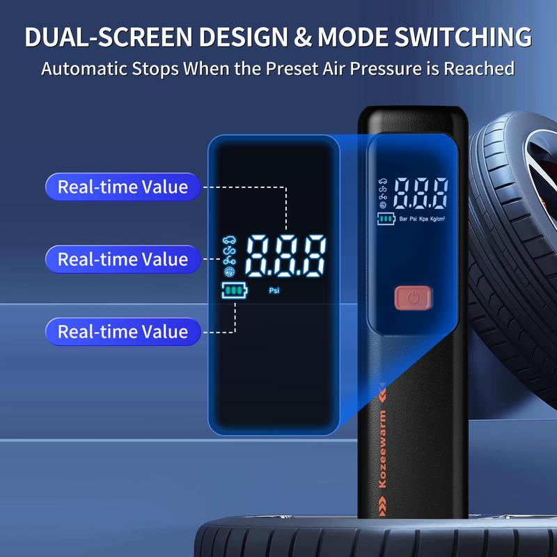 Kozzenwarm Electric Air Pump with Smart Pressure Control Portable Air Compressor One-Button Start Inflation Type-C Charging Port 4 Interchangeable Nozzles for Cars Motorcycles Bicycles Balls Compact Storage airpump