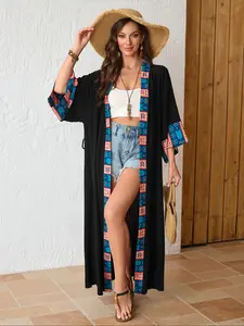 Women's Boho Style Kimono Jacket with Belt, Patchwork, Ethnic Patterns, Lightweight Fashion Beach Cover-Up, Loose-Fitting Summer Casual Wear, All Seasons