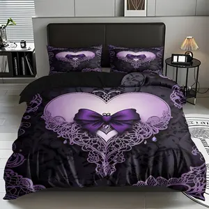 2/3pcs Purple Bow Heart-shaped Pattern Theme Luxury Duvet Cover Set(1*duvet Cover+1/2*pillowcase,no Filling)Skin-friendly Soft Digital Printed Bedding Set,perfect For Christmas,New Year Festival Gifts For Family All Season Use Machine Washable